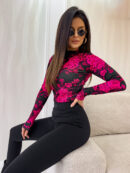 Bluzka SKIN print roses – czarno-fuksja