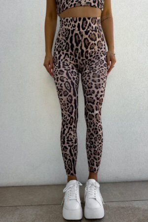 Legginsy GYM print pantera – beżowo-czarna