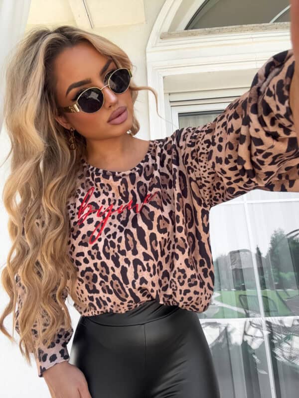 Bluza dresowa LOGO print pantera – beżowo-czarna