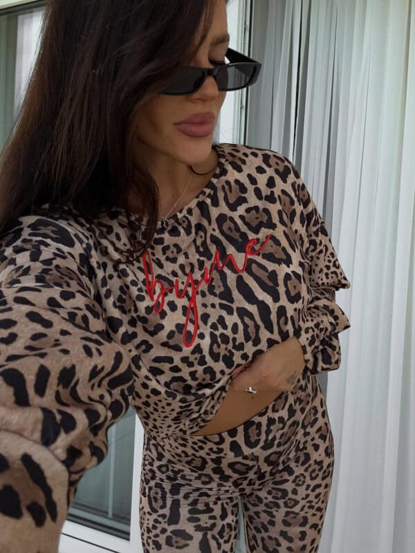 Bluza dresowa LOGO print pantera – beżowo-czarna