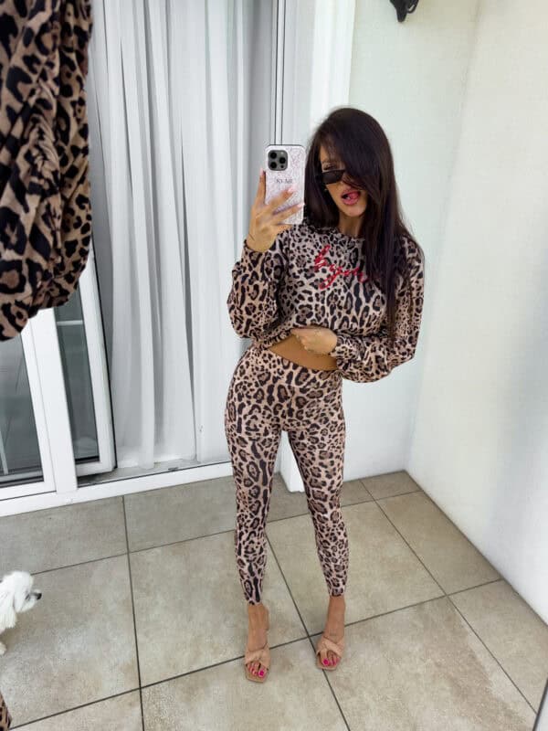 Bluza dresowa LOGO print pantera – beżowo-czarna