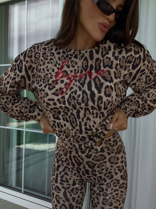 Bluza dresowa LOGO print pantera – beżowo-czarna