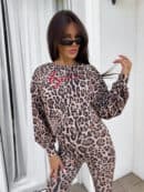 Bluza dresowa LOGO print pantera – beżowo-czarna