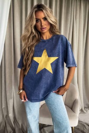 Dekatyzowany T-shirt STAR - granatowy