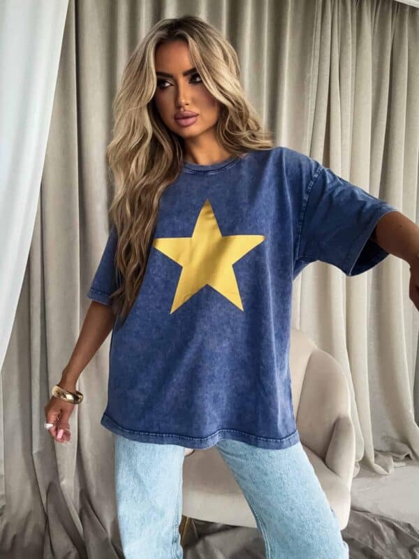 Dekatyzowany T-shirt STAR - granatowy