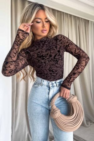 Bluzka SKIN transparent print rose – czekoladowy