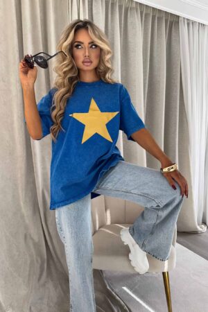 Dekatyzowany t-shirt STAR - kobalt