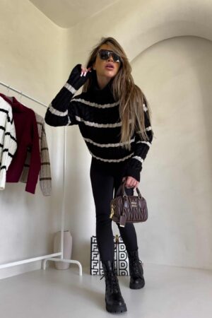 Sweter golf INKO pasy - czarno-beżowe