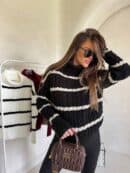 Sweter golf INKO pasy - czarno-beżowe