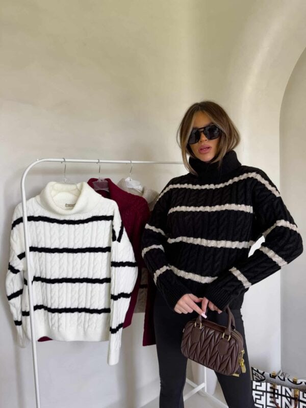 Sweter golf INKO pasy - czarno-beżowe