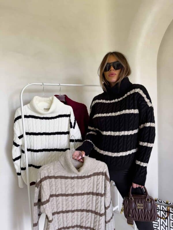 Sweter golf INKO pasy - czarno-beżowe