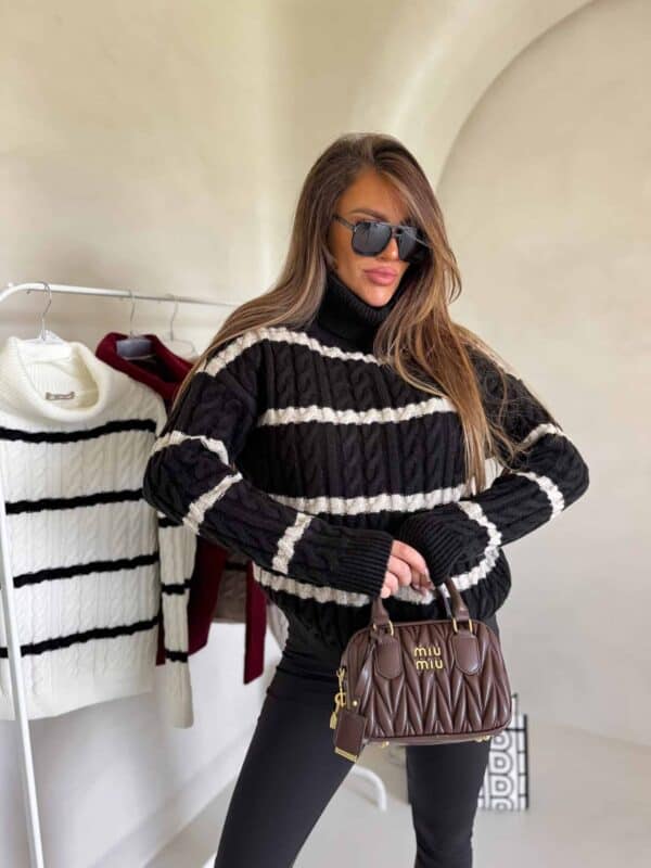 Sweter golf INKO pasy - czarno-beżowe