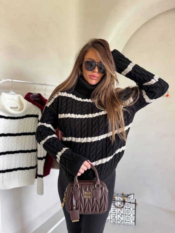 Sweter golf INKO pasy - czarno-beżowe