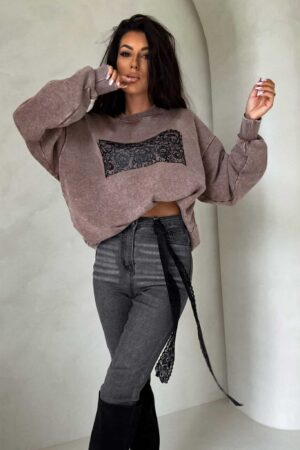 Dekatyzowana bluza KORONKA - ciemny beż