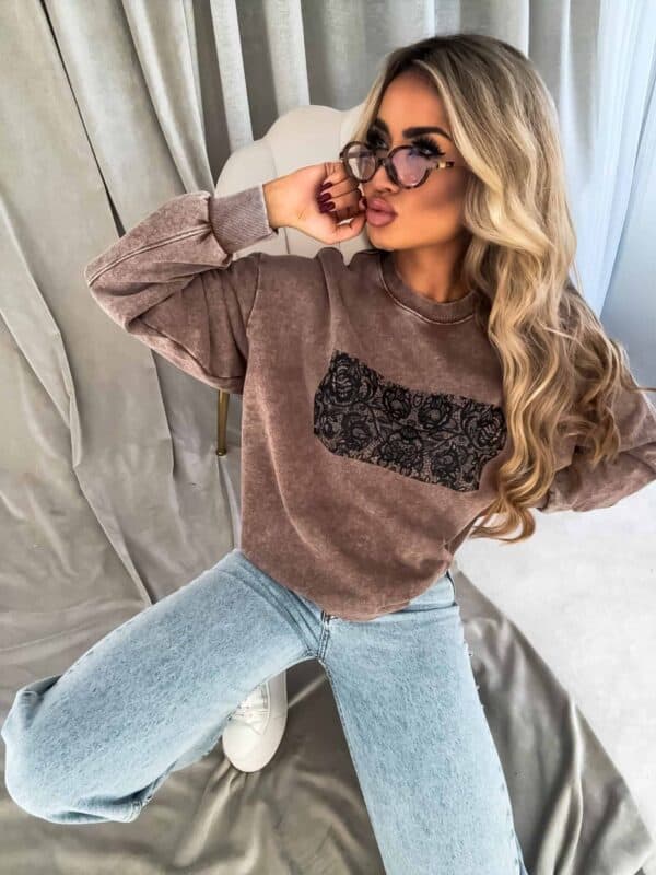 Dekatyzowana bluza KORONKA - ciemny beż