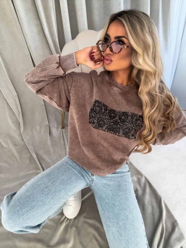 Dekatyzowana bluza KORONKA - ciemny beż
