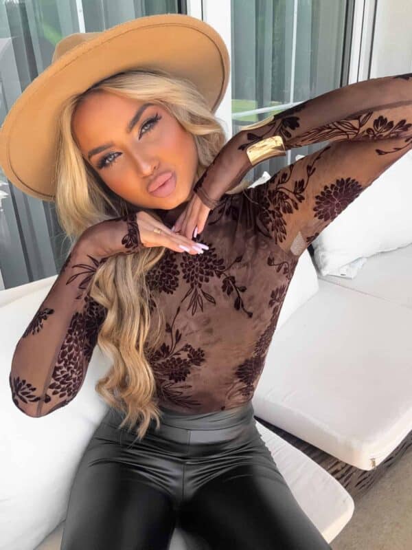 Bluzka SKIN transparent print flock – czekoladowa