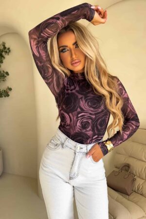 Bluzka SKIN transparent print rose – brudny róż