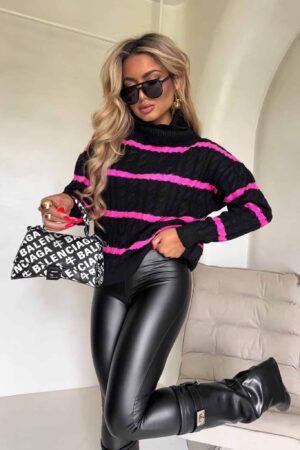 Sweter golf INKO pasy - czarno-różowe