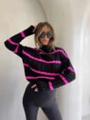 Sweter golf INKO pasy - czarno-różowe