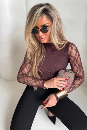 Bluzka SKIN IV transparent koronka - czekoladowa