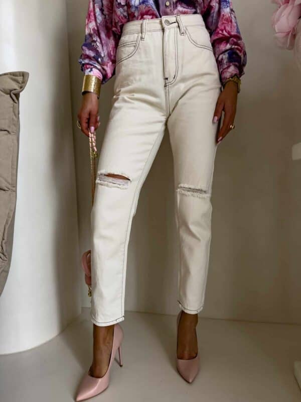 Jeansy MOM FIT HOLES – jasny beż Jeansy MOM FIT HOLES – jasny beż