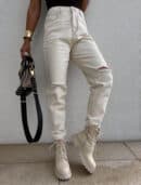 Jeansy MOM FIT HOLES – jasny beż Jeansy MOM FIT HOLES – jasny beż