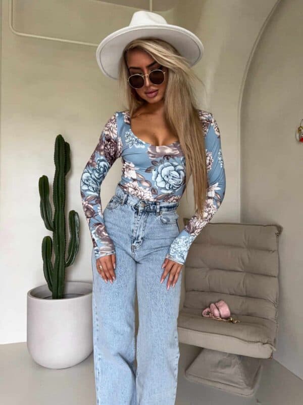 Bluzka VENEZIA print rose - jeansowa Bluzka VENEZIA print rose - jeansowa