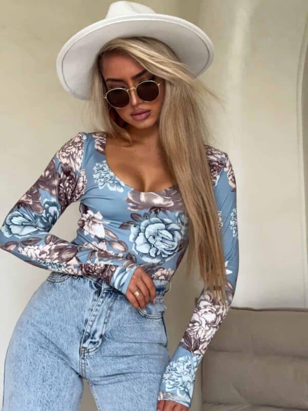 Bluzka VENEZIA print rose - jeansowa Bluzka VENEZIA print rose - jeansowa