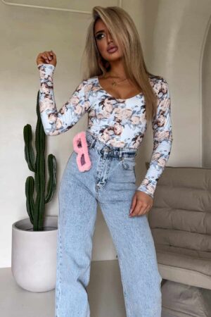 Bluzka VENEZIA print rose - lazurowa