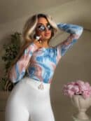 Bluzka LINDA print - niebiesko-beżowa