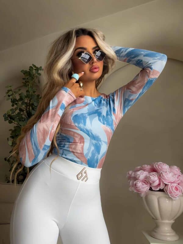 Bluzka LINDA print - niebiesko-beżowa