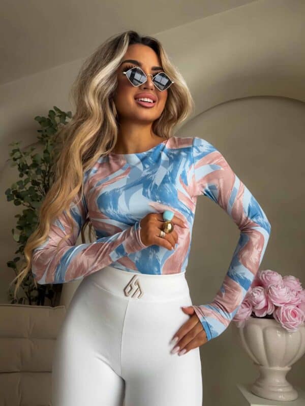 Bluzka LINDA print - niebiesko-beżowa