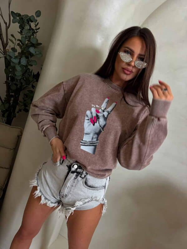 Dekatyzowana bluza HAND - ciemny beż