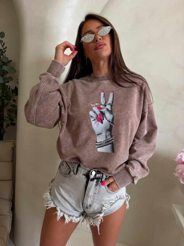 Dekatyzowana bluza HAND - ciemny beż