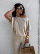 Komplet LUXE prążek – jasny beż