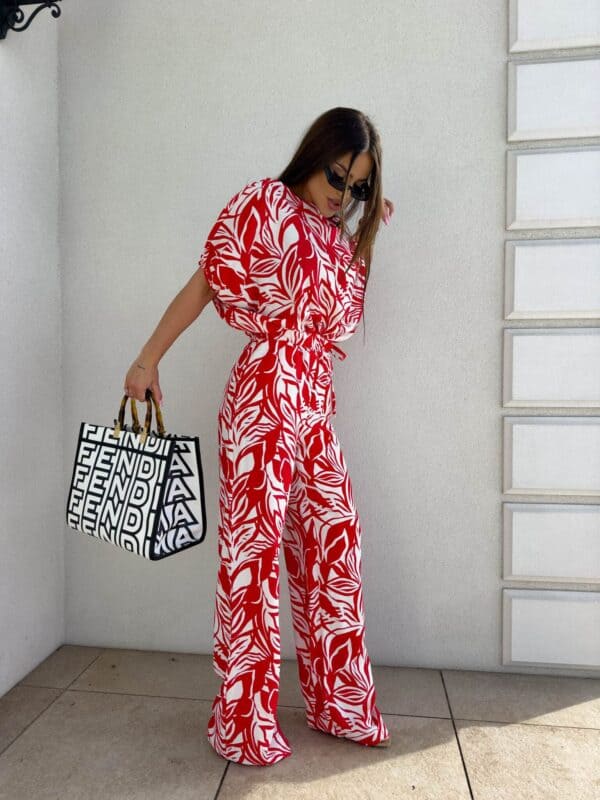 Komplet LUXE print flowers – ecru-czerwony