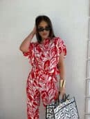 Komplet LUXE print flowers – ecru-czerwony