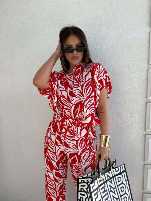 Komplet LUXE print flowers – ecru-czerwony