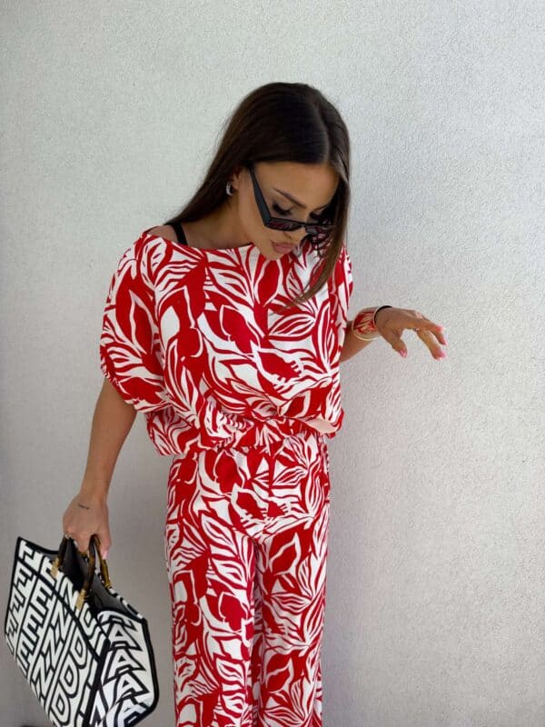 Komplet LUXE print flowers – ecru-czerwony