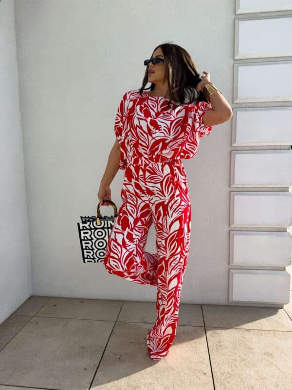 Komplet LUXE print flowers – ecru-czerwony