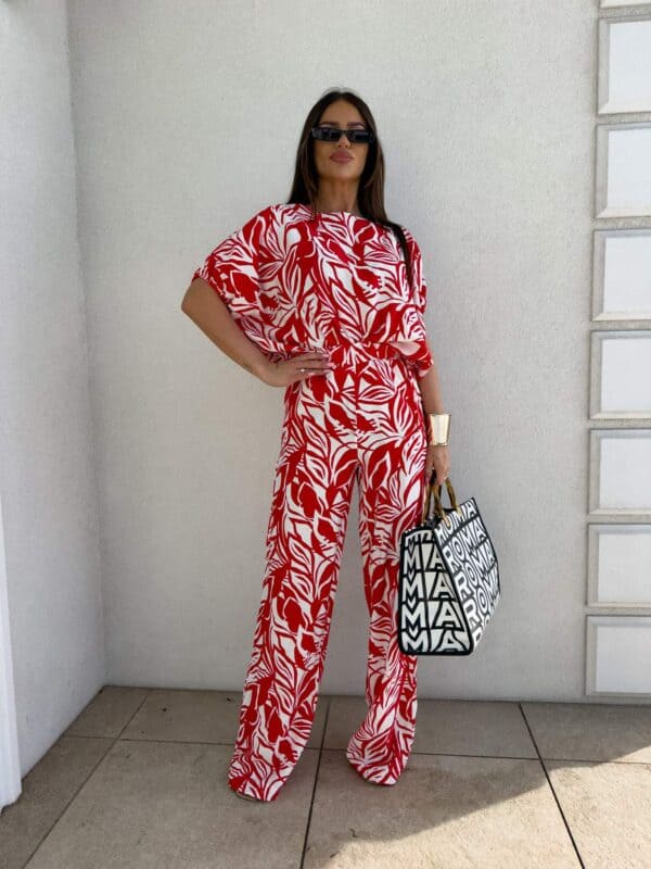 Komplet LUXE print flowers – ecru-czerwony