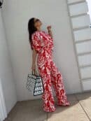 Komplet LUXE print flowers – ecru-czerwony