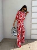 Komplet LUXE print flowers – ecru-czerwony