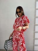 Komplet LUXE print flowers – ecru-czerwony