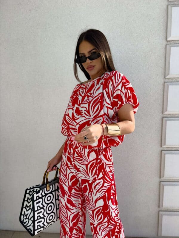 Komplet LUXE print flowers – ecru-czerwony