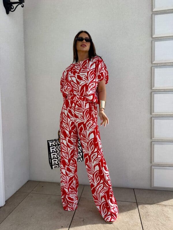 Komplet LUXE print flowers – ecru-czerwony