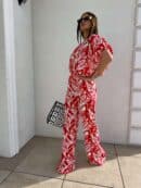 Komplet LUXE print flowers – ecru-czerwony