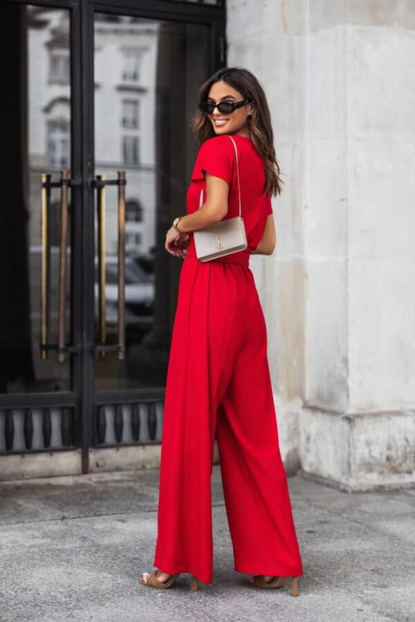 Kombinezon damski Hanna z szerokimi nogawkami złoty pasek czerwony