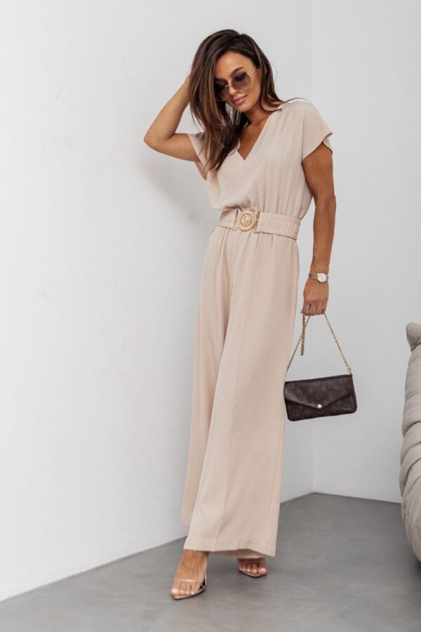 Kombinezon damski Hanna z szerokimi nogawkami złoty pasek beż